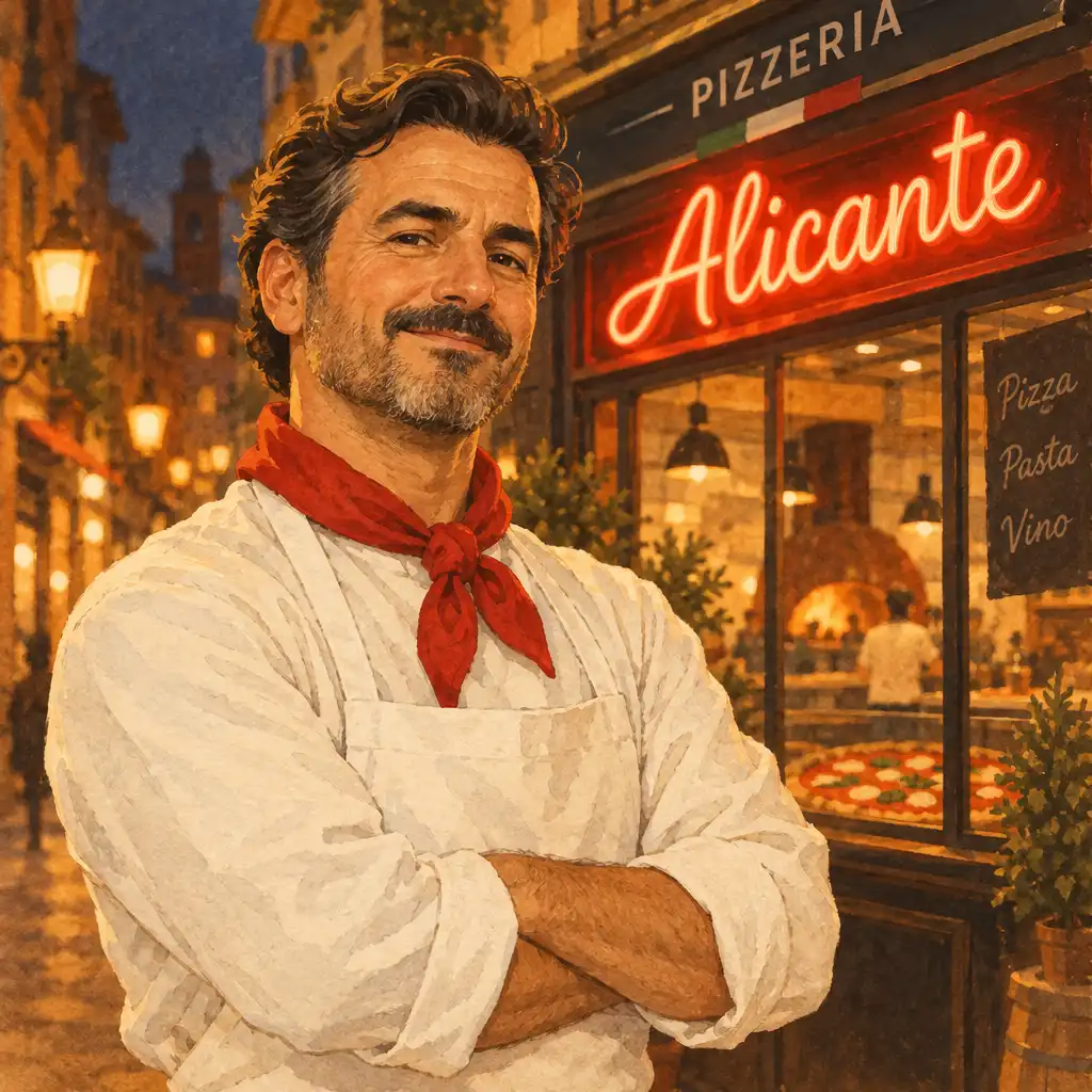 Ilustracja przedstawiająca Alicante, eleganckiego rywala w fartuchu, stojącego przed konkurencyjną pizzerią