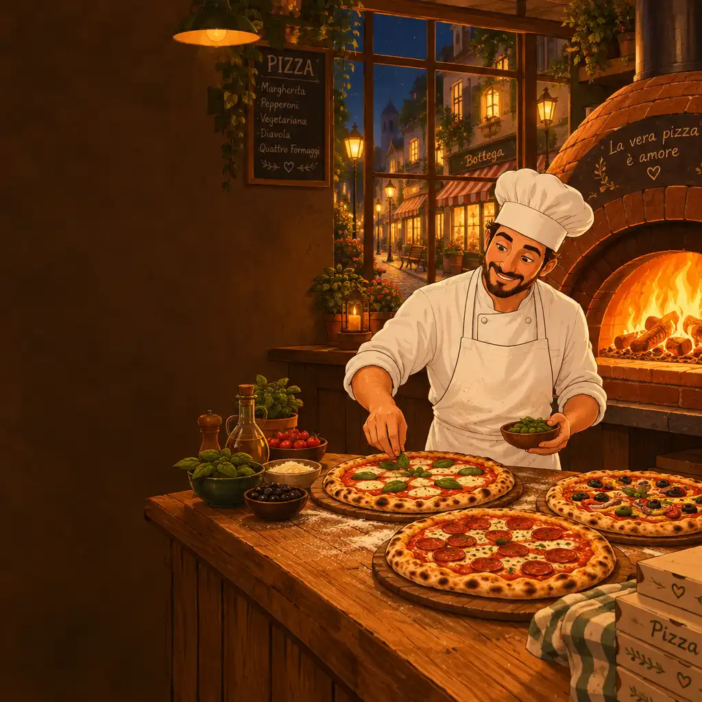 Ciepła, ilustrowana scena nocnej pizzerii z rozświetlonym piecem, drewnianym blatem i kucharzem przygotowującym zamówienie