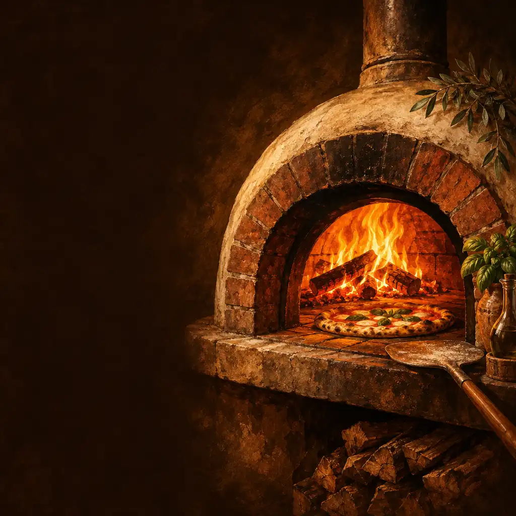 Ciepła ilustracja pieca do pizzy z łukowym otworem i płomieniem, symbolizująca ulepszenia pizzerii
