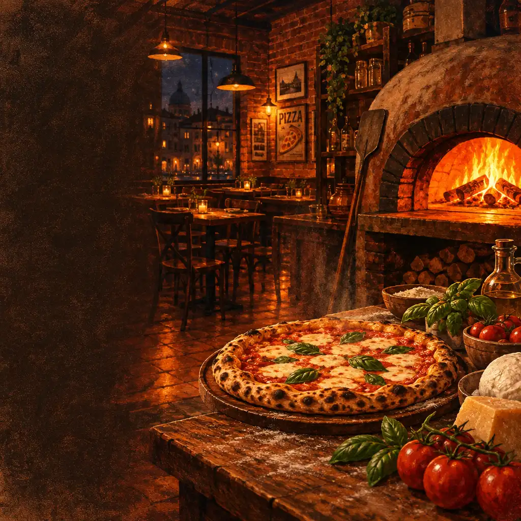 Ciepła ilustracja pizzerii nocą z piecem opalanym drewnem i świeżo upieczoną pizzą na blacie