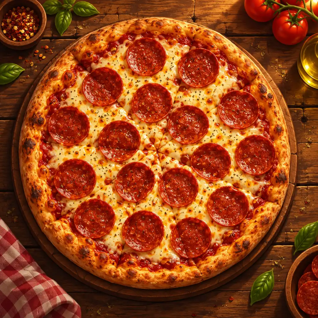 Pizza pepperoni na drewnianym stole