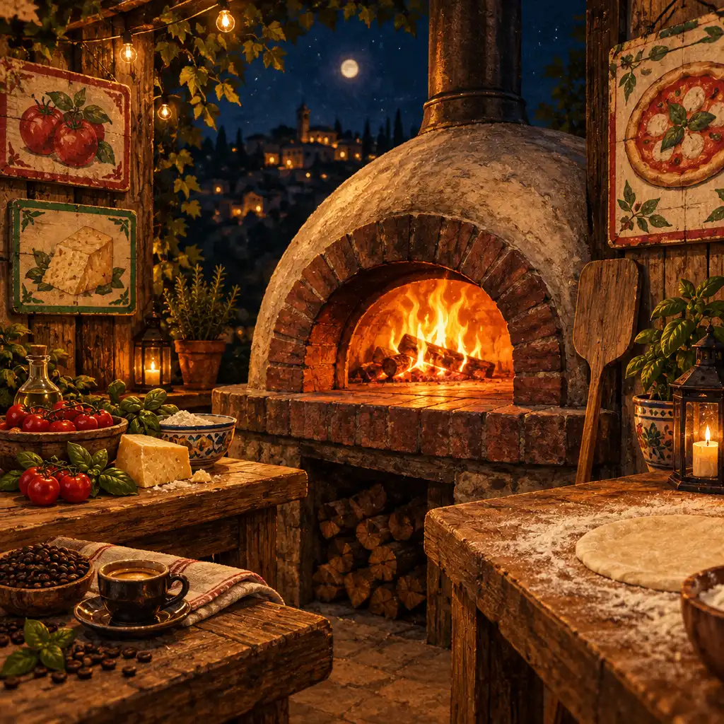 Rustykalny piec do pizzy nocą z widocznym płomieniem