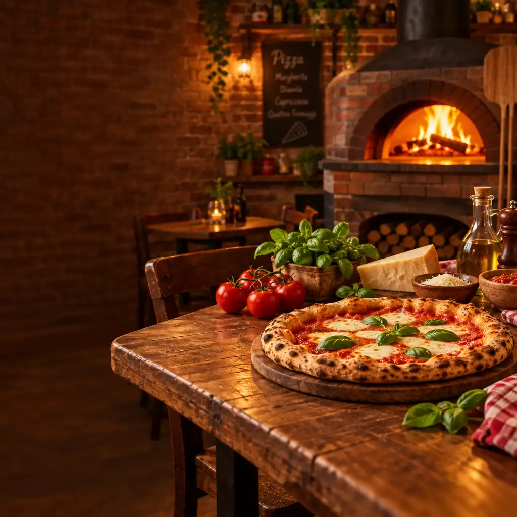 Ciepłe wnętrze pizzerii z drewnianymi stołami, ceglaną ścianą i piecem do pizzy w tle