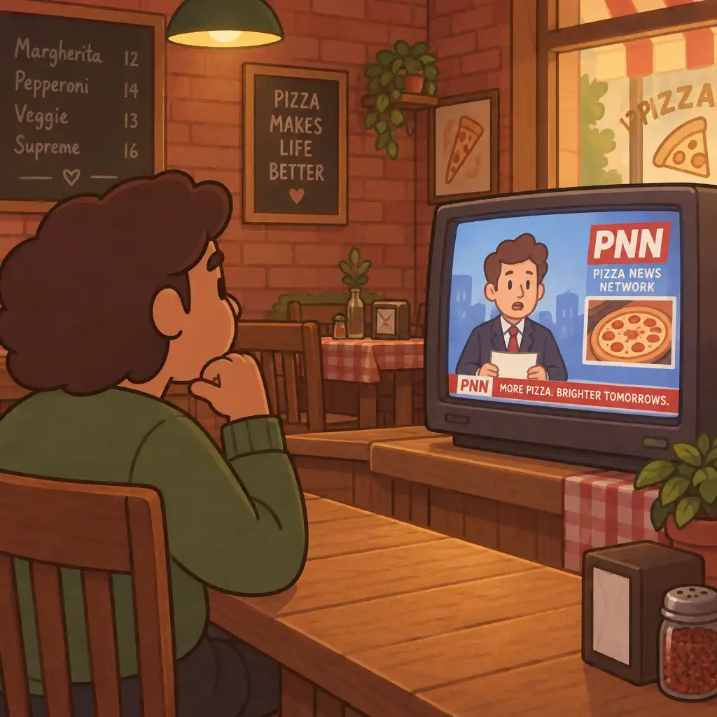 Postać w pizzerii oglądająca program Pizza News Network na telewizorze