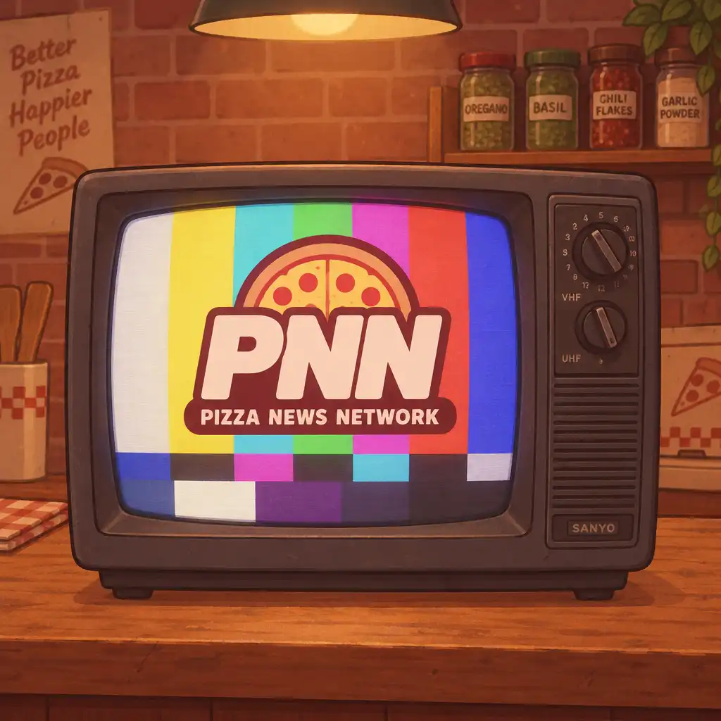 Stylizowany telewizor retro z logo Pizza News Network na tle ciepłej pizzerii