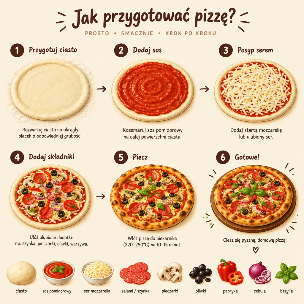 Diagram przygotowania pizzy pokazujący etapy nakładania sosu, sera i składników