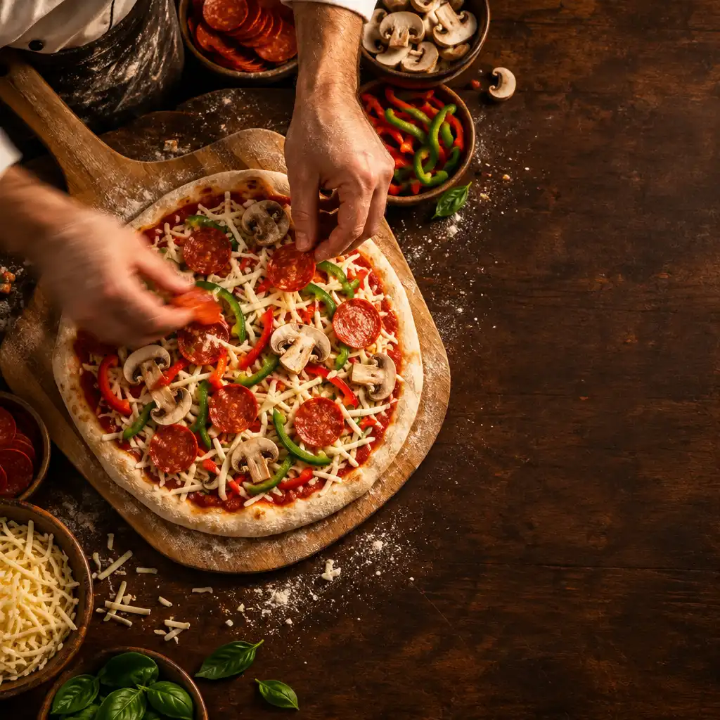 Ręce pizzaiolo nakładające składniki na pizzę na drewnianej łopatce