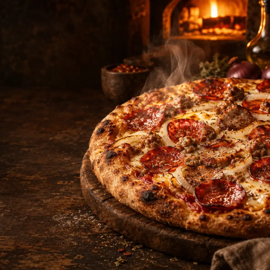 Apetyczna pizza z pepperoni, kiełbasą, cebulą i serem na ciemnym tle