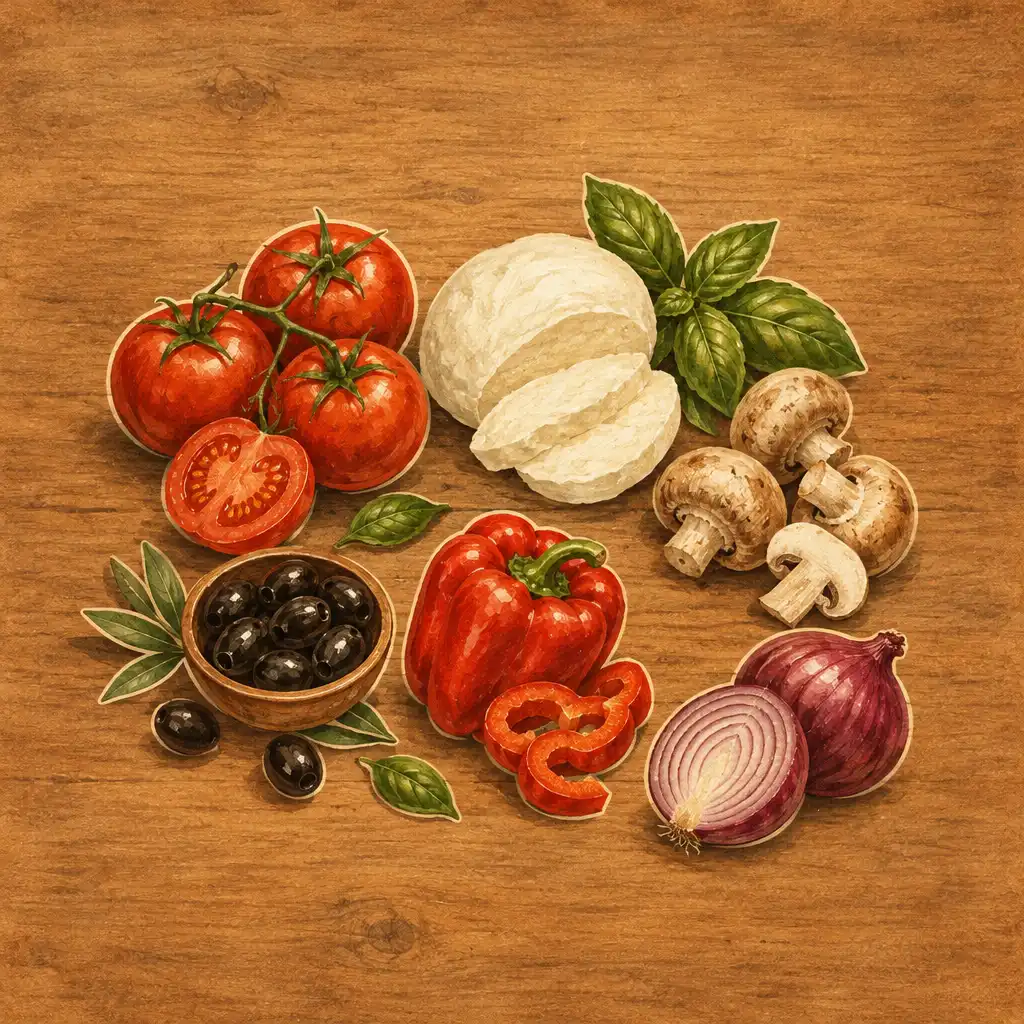 Ręcznie malowana ilustracja składników do pizzy: pomidory, mozzarella, bazylia, pieczarki, oliwki, papryka i cebula