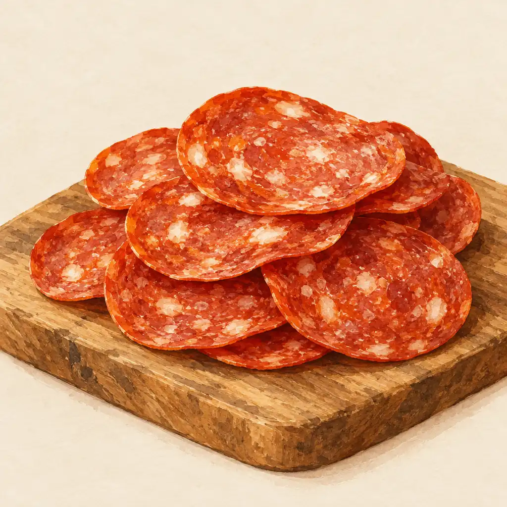 Plasterki pepperoni ułożone na drewnianej desce