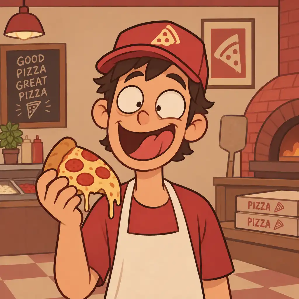 Ilustracja postaci z gry Good Pizza, Great Pizza w ręcznie rysowanym stylu, trzymającej kawałek pizzy