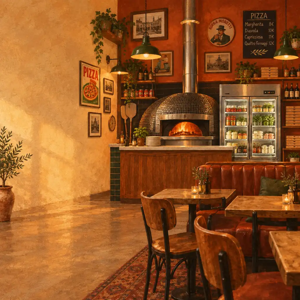 Ilustracja ulepszonej pizzerii z nowoczesnym piecem, dużą lodówką i dekoracjami